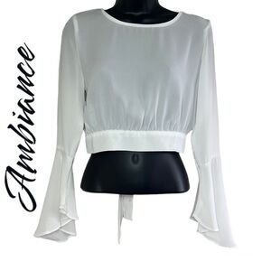 Ambiance White Open Back Tie Up Crop Long Sleeve Top Size S